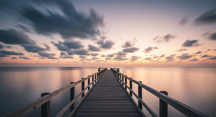 Fototapeta premium Wooden pier stretching into calm water under a cloudy sunset sky
