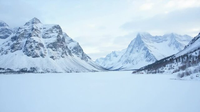 Snowy Mountain Landscape in Norway with Frozen Lake, Rugged Peaks, and Sky