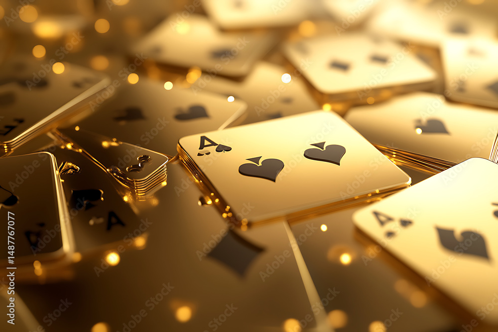 Poster a close-up view of shining golden playing cards scattered with soft glowing lights in the background