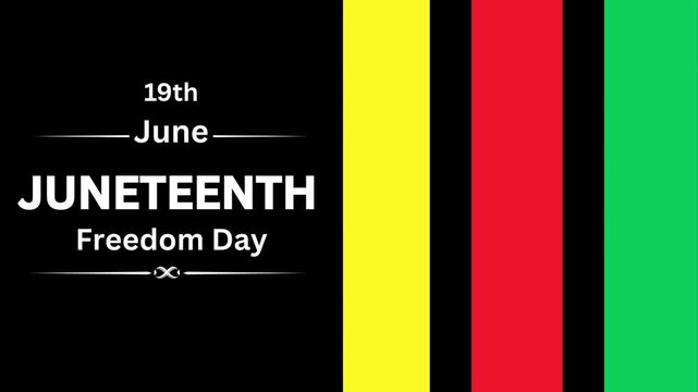 A Juneteenth celebration graphic with text and colorful bars on a black background design layout