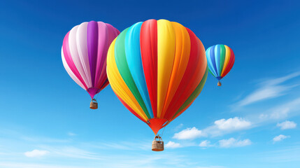 Fototapeta premium Three vibrant hot air balloons, painted with beautiful rainbow colors, gracefully ascend into the bright blue sky dotted with wisps of fluffy white clouds above.