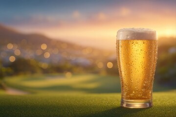 Golden beer in sunset glow amidst summer golf course vibes