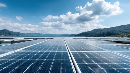 solar panels with bright blue sky and open landscape in a crisp eco-minimalist frame
