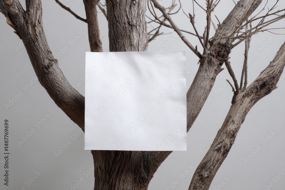 Poster blank white square canvas on rustic tree branches