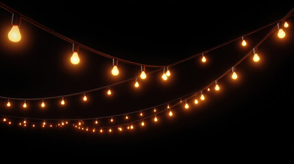 Several sts of glowing warm white incandescent light bulbs are suspended against a stark black background, illuminating the scene with a festive ambiance.