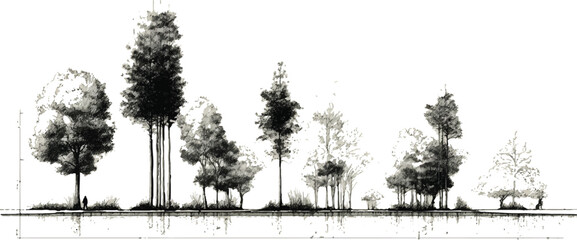 Architectural Drawings, Minimal style cad tree line drawing, Vector illustration in seperate