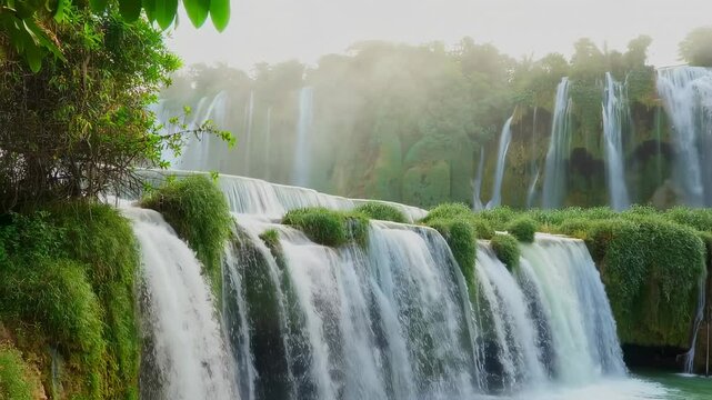 Cascading Waterfalls Amidst Lush Greenery