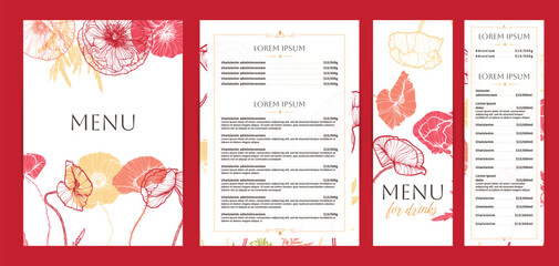 Colorful food and drinks menu designs. Restaurant menu template. Beautiful vector A4 format with high quality flowers for print and online usage. Saturated hand drawn line art poppy illustrations. 