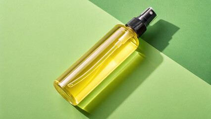 Yellow Transparent Cosmetic Pump Bottle on Green Background – Clean Minimal Skincare Product Mockup