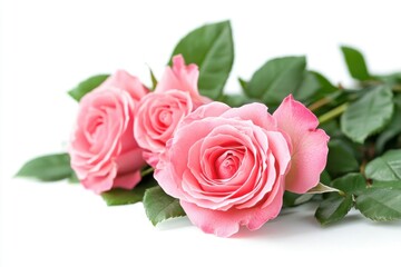Fototapeta premium Set of beautiful pink roses with lush green leaves isolated on white background