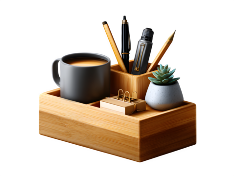 Minimalistic bamboo desk organizer with stationery items, isolated to transparent background