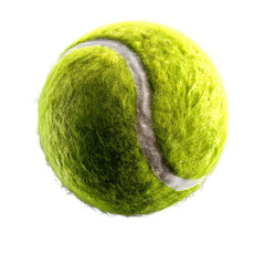 Close-up view of a fuzzy tennis ball against a white background showcasing its texture and vibrant green color ideal for sports themes.