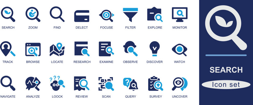 Modern search icon set. Featuring magnifying glass, zoom, track, scan, explore, analyze, research, monitor, locate, observe, and discover tools.