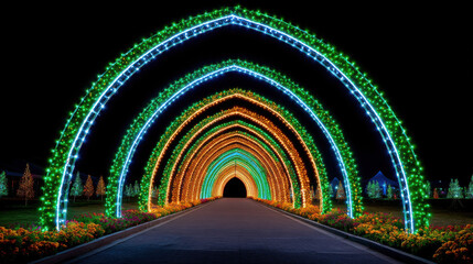 Fototapeta premium A long illuminated tunnel of colorful arches glows brightly at night creating an enchanting passageway amidst a holiday lights display in a festive outdoor space.