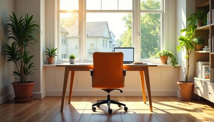 Empty chair at desk facing window, sunlit room, peaceful, quarantine
