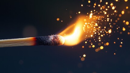 Close-up of a burning matchstick, showing the chemical reaction and tiny sparks igniting