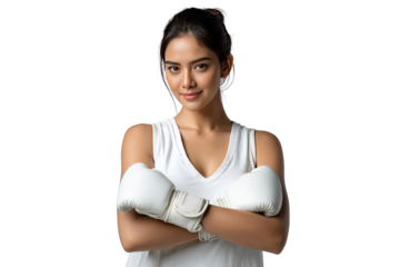 Confident Boxer: A striking portrait of a female boxer exuding strength and determination. With a poised stance and focused gaze, she embodies the spirit of perseverance and athletic excellence.