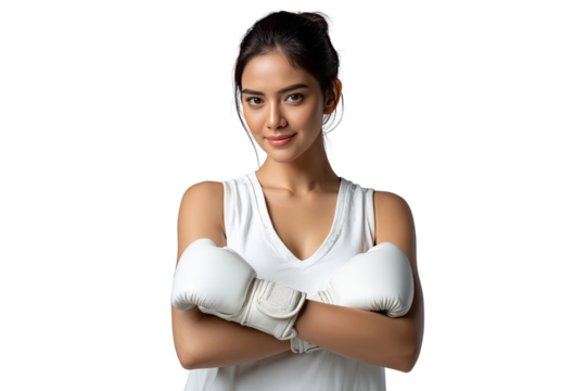 Confident Boxer: A striking portrait of a female boxer exuding strength and determination. With a poised stance and focused gaze, she embodies the spirit of perseverance and athletic excellence. - Powered by Adobe