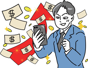 スマホで副業、大金が舞い込んで喜ぶ会社員のベクターイラスト