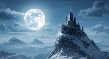 Majestic castle perched on a snow capped mountain under the radiant glow of a full moon