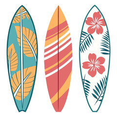 Set of Three Tropical Surfboard Designs with Colorful Floral and Leaf Patterns in Flat Vector Style
