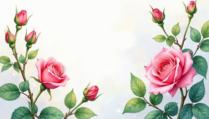 Delicate watercolor rose buds, climbing vines , vine, green