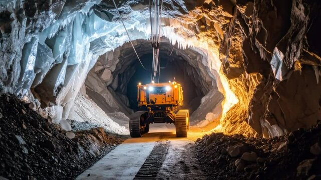 Orange Tunnel Boring Machine Inside Dark Underground Tunnel