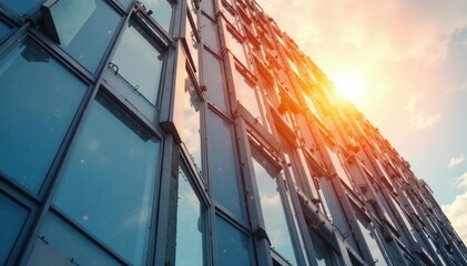 Sunlit modern building facade, geometric lines, steel, composition, form