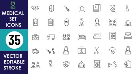 Minimalist vector icon set with 35 medical-themed symbols including doctors, ambulances, pills, syringes, beds, charts, hearts, hospitals, and equipment in editable stroke style