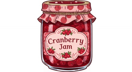 Cranberry jam jar illustration with decorative label and red berries design