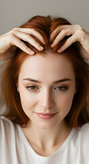 Fototapeta premium Young woman is gently massaging her scalp with her fingertips, promoting hair growth and relaxation.