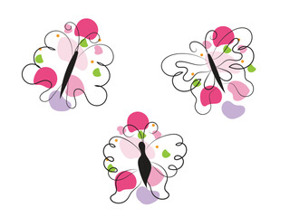 Three Abstract Butterflies with Pink and Green Color Splashes