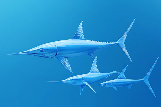 Three stylized blue swordfish swimming gracefully in a serene ocean environment with light rays