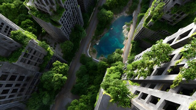 Aerial view of a futuristic city ruin reclaimed by nature, vines overtaking buildings and roads cracked by time