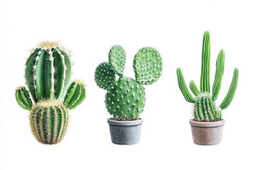 Set of various cacti isolated on white background showcasing different shapes and textures for botanical and decor use