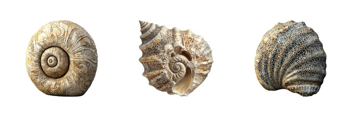 Fossilized Ammonite Shells Set. Ancient Marine Life And Geological History Collection Isolated On Transparent Background