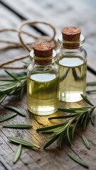 Olive and lavender oil bottles with rosemary on rustic outdoor table