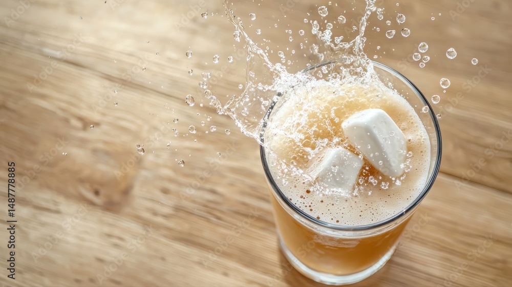 Poster dynamic splash of ice cubes in a refreshing drink on a wooden table drink splash refreshing dynamic