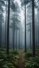 Obraz premium Misty morning light filters through the green forest trees, creating a foggy woodland landscape