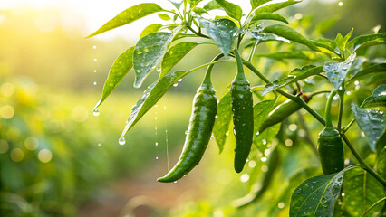 Green Chilies Plant with water drop in natural Background, Green Chillies growing in field in Sunny Day