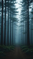 Fototapeta premium Misty morning light filters through the foggy green woodland trees, creating a dark yet enchanting nature landscape within the autumn woods