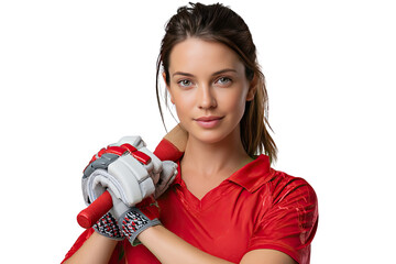 Confident Cricketer: A portrait of a woman cricketer, radiating confidence as she holds a cricket bat and gear, set against a bright, neutral background.