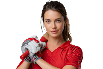 Confident Cricketer: A portrait of a woman cricketer, radiating confidence as she holds a cricket bat and gear, set against a bright, neutral background.