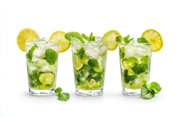 Set of refreshing caipirinha mojito cocktails with lemon slices isolated on white background for beverage and summer theme