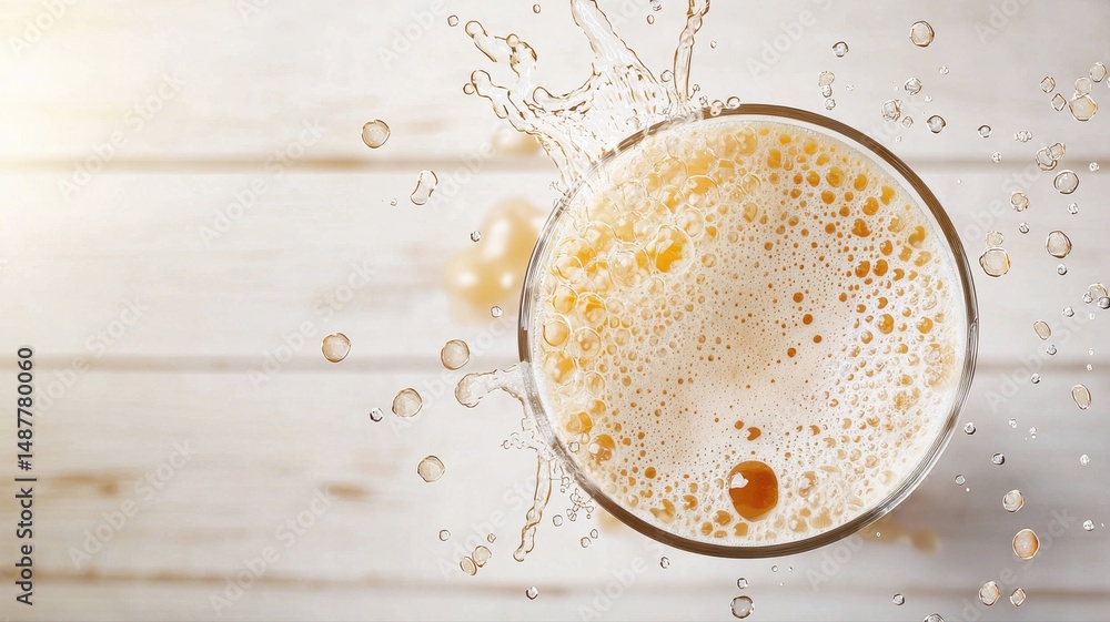 Aufkleber dynamic beer splash on wooden table top view splash table dynamic glass splashing foam bubbles drink
