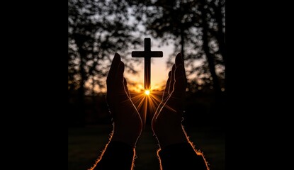 In a representation of Christian faith, a man prays with his palm up, worshiping the cross and receiving therapeutic blessings from the eucharist, guided by hope and trust in God, on a serene sunset