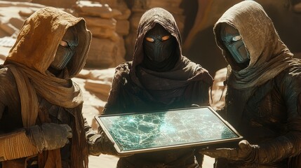 A group of masked desert nomads surrounding a holographic map, plotting their next move