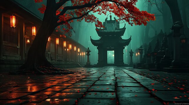 Mystical Asian Temple with Red Leaves, and Foggy Path.
