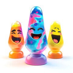 Colorful animated lava lamps with cheerful faces, creating a fun atmosphere in a bright setting