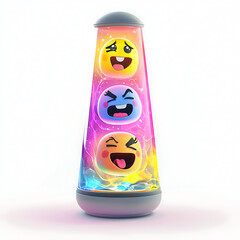 Colorful lava lamp featuring three emotive faces, glowing in vibrant hues against a white backdrop
